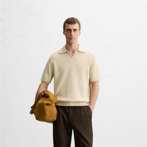 Zara Men’s Textured Knit Vneck Short Sleeve Polo Cream Shirt Size Large